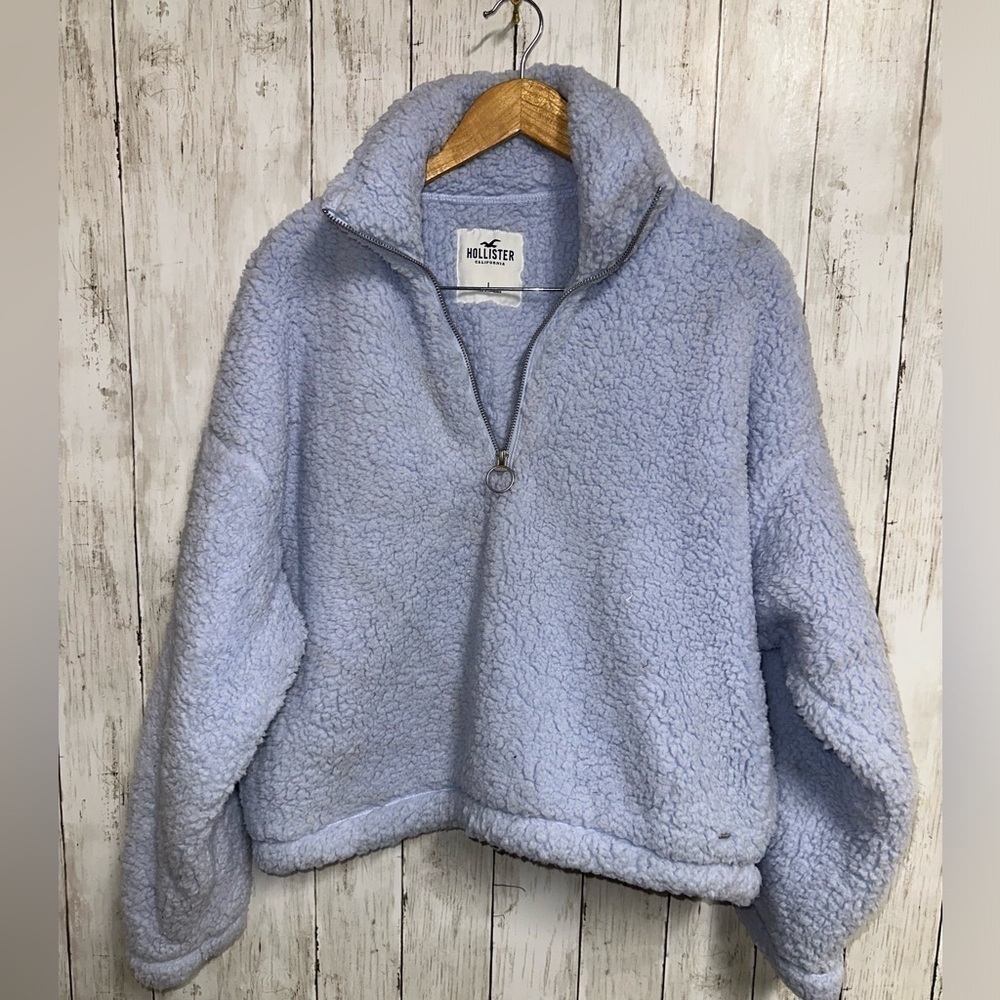 Hollister Baby Blue Cropped Half Zip Pullover Fleece Sweater